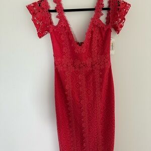 Nicole Miller Red Lace Sheath Dress with Flutter Cap Sleeves